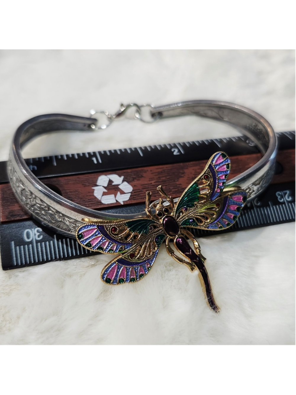 Floral Spoon Handle Silverwear Bracelet dragonfly charm